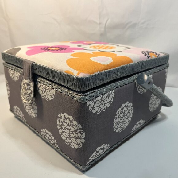 Sewing Box Basket Square Gray Pink Floral Padded Snap Closure Plastic Insert - Picture 9 of 10